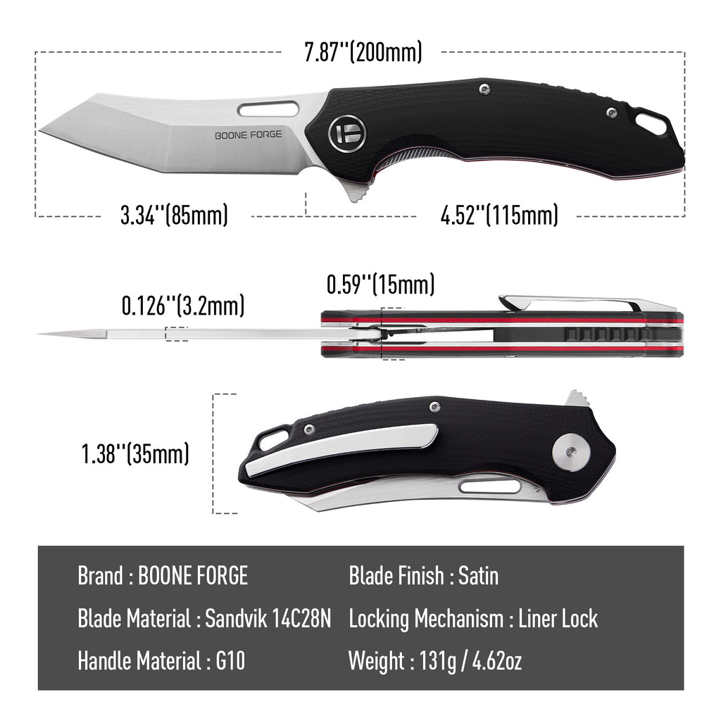 BOONEFORGE Sentinel Premium EDC Flipper & Thumb hole knife ( 3.34'' Satin Sandvik 14C28N Blade & Black G10 Handle ) - BF904