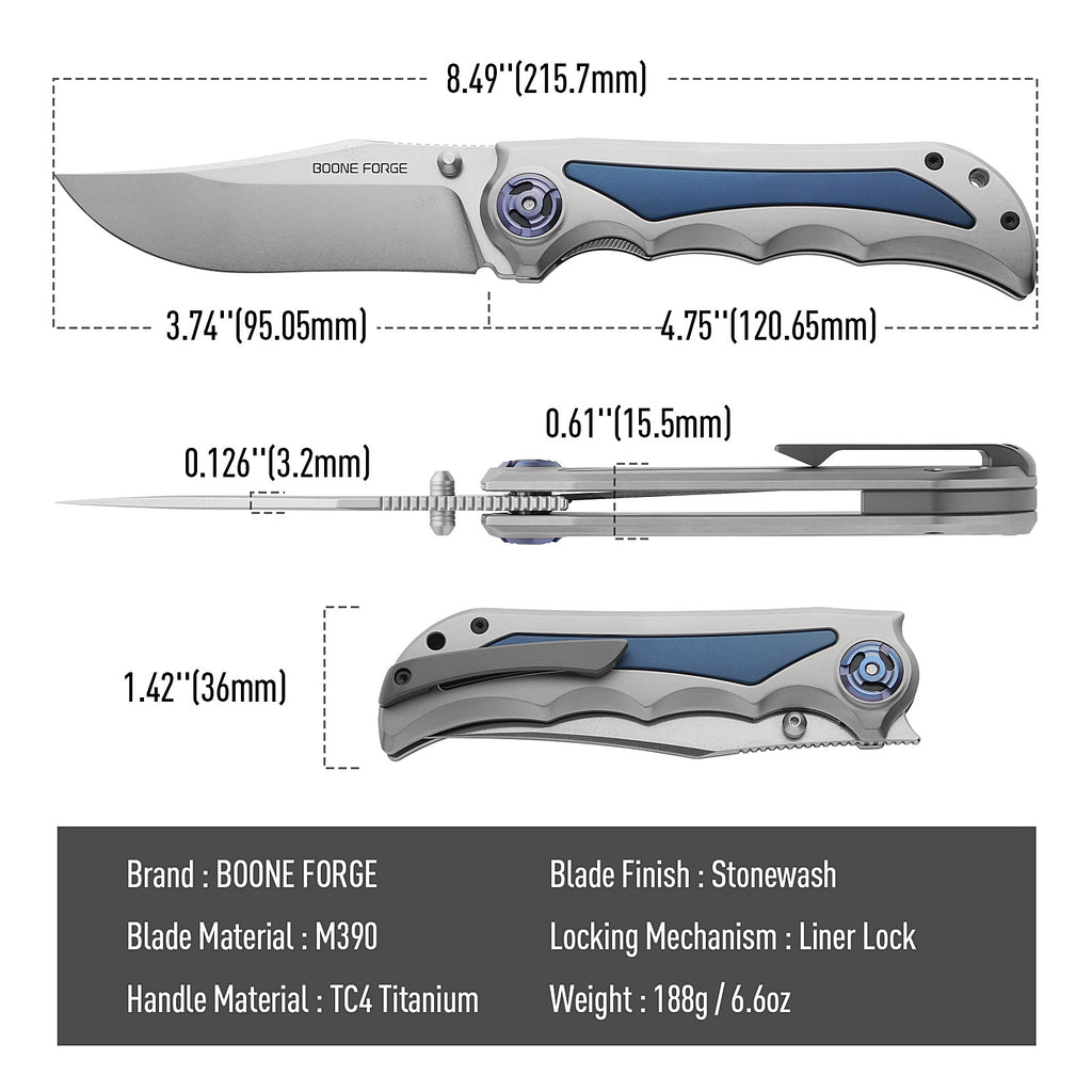 [PRE‑ORDER]BOONEFORGE Deepwalker Premium EDC Thumb Stud knife ( 3.74'' Stonewash M390 Blade & Grey TC4 Titanium Handle ) - BF051