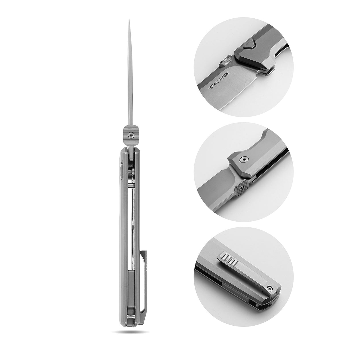 [PRE‑ORDER]BOONEFORGE Forestwrath Premium EDC Button lock & Thumb stud knife ( 3.31" Bead Blasted M390 Blade & Grey TC4 Titanium Handle) - BF006
