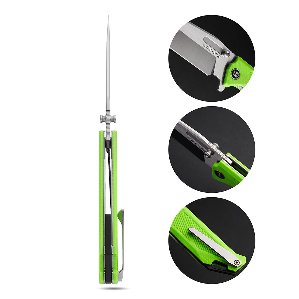 BOONEFORGE Blackshield Premium EDC Fliper & Thumb Stud knife ( 3.94'' Satin 14C28N Blade & Fluorescent green G10 Handle ) - BF014A