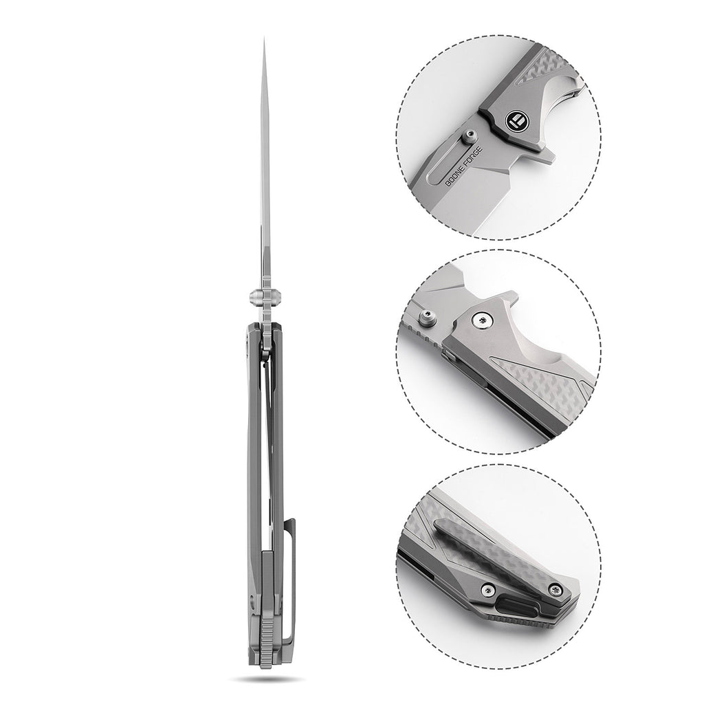 [PRE‑ORDER]BOONEFORGE Razorclaw Premium EDC Fliper & Thumb Stud knife(4.14'' Bead Blasted M390  Blade & Grey TC4 Titanium ) - BF014