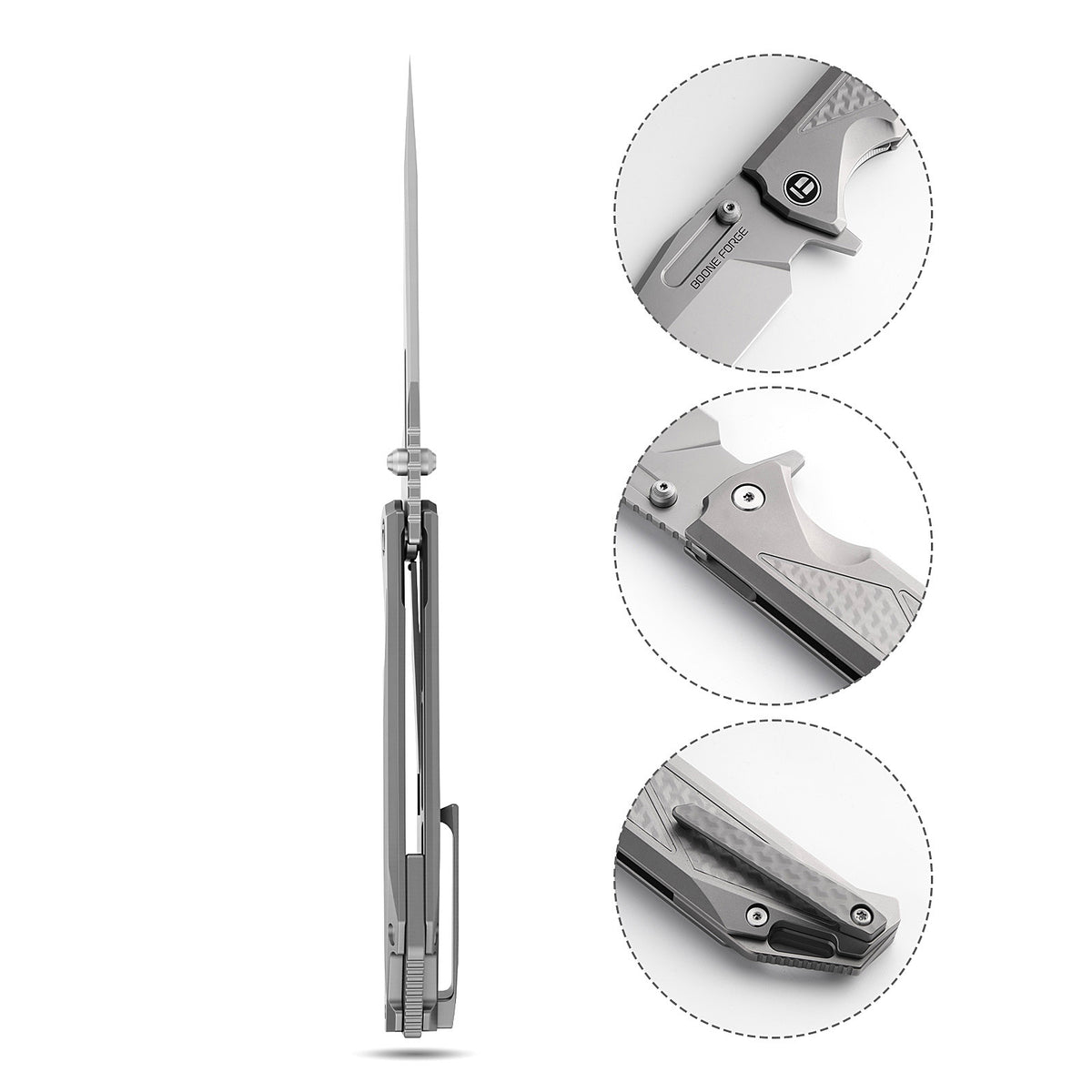 [PRE‑ORDER]BOONEFORGE Razorclaw Premium EDC Fliper & Thumb Stud knife(4.14'' Bead Blasted M390  Blade & Grey TC4 Titanium ) - BF014