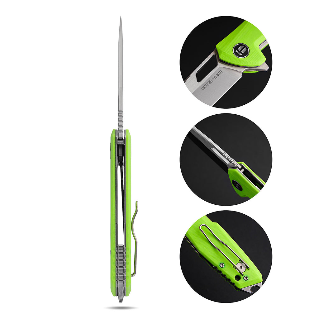 BOONEFORGE Berserker Premium EDC Flipper & Thumb hole knife( 3.07'' Satin 14C28N Blade & Fluorescent green G10 Handle ) - BF072