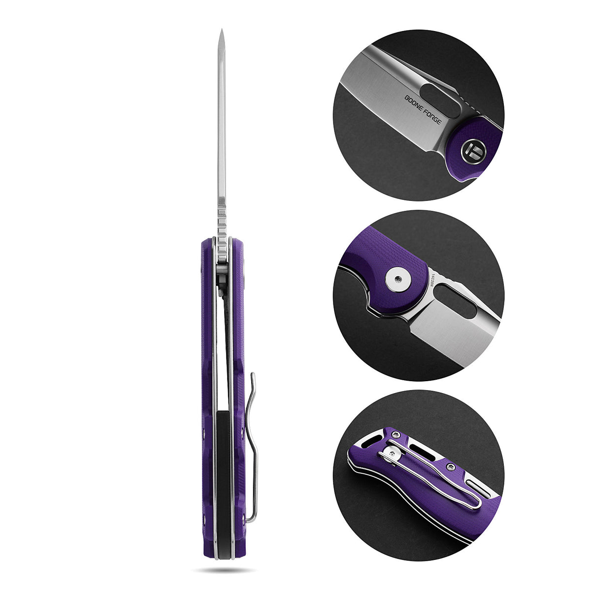 BOONEFORGE Warmark Premium EDC Manual thumb knife ( 3.33'' Satin 14C28N Blade & Purple G10 Handle) - BF009