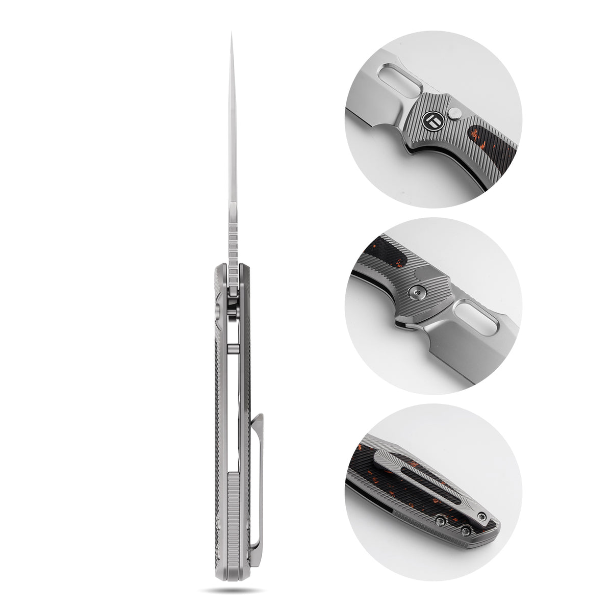 [PRE‑ORDER]BOONEFORGE Huntscar Premium EDC Button lock & Thumb hole knife ( 3.38'' Bead Blasted BÖHLER M390  Blade & Grey TC4 Titanium/Carbon Fiber Handle) - BF008