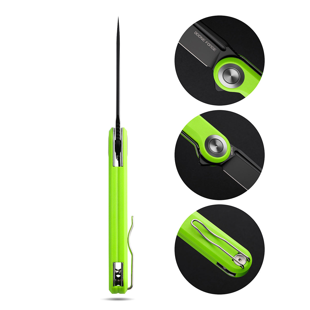 BOONEFORGE Ironjudge Premium EDC Flipper knife ( 3.39'' Black Titanium Plated 14C28N Blade & Fluorescent green G10 Handle ) - BF905