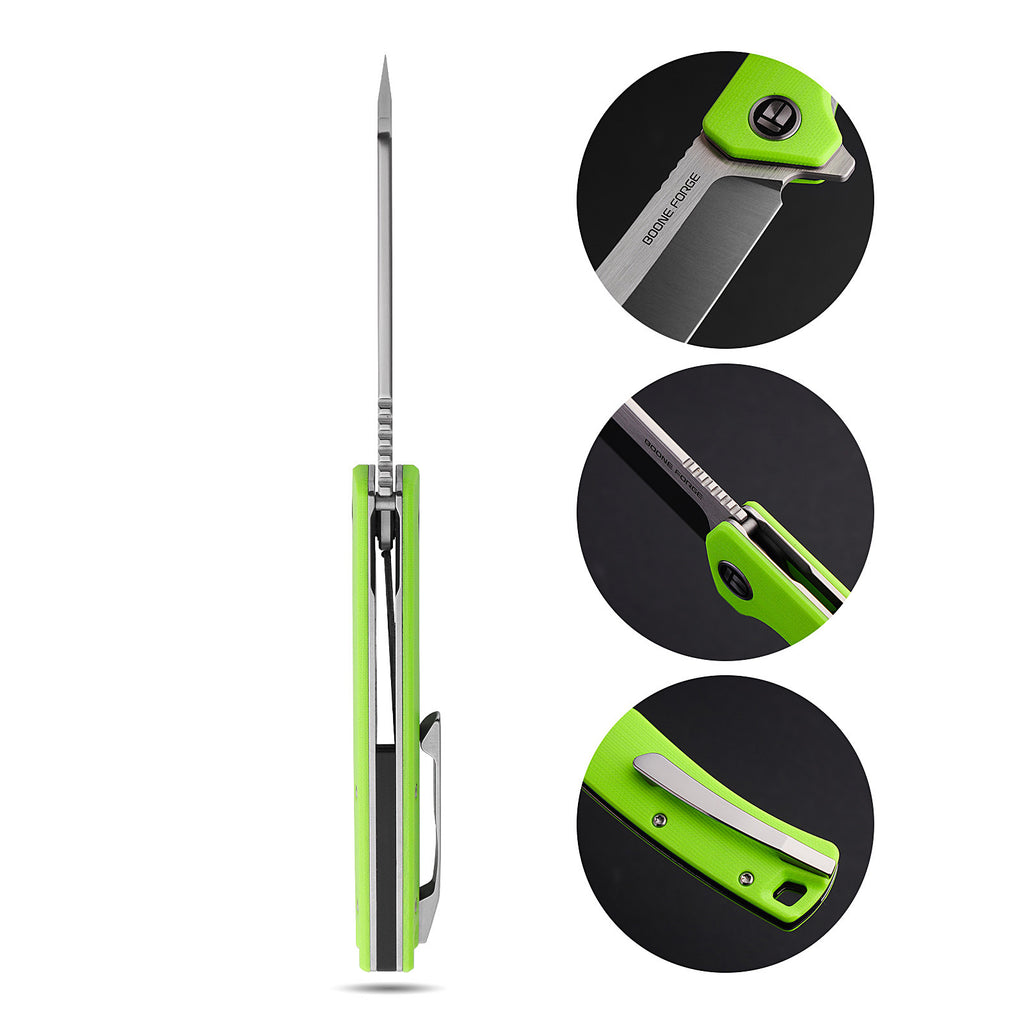 BOONEFORGE Breaker Premium EDC Flipper knife ( 3.34'' Satin 14C28N Blade & Fluorescent green G10 Handle ) - BF903