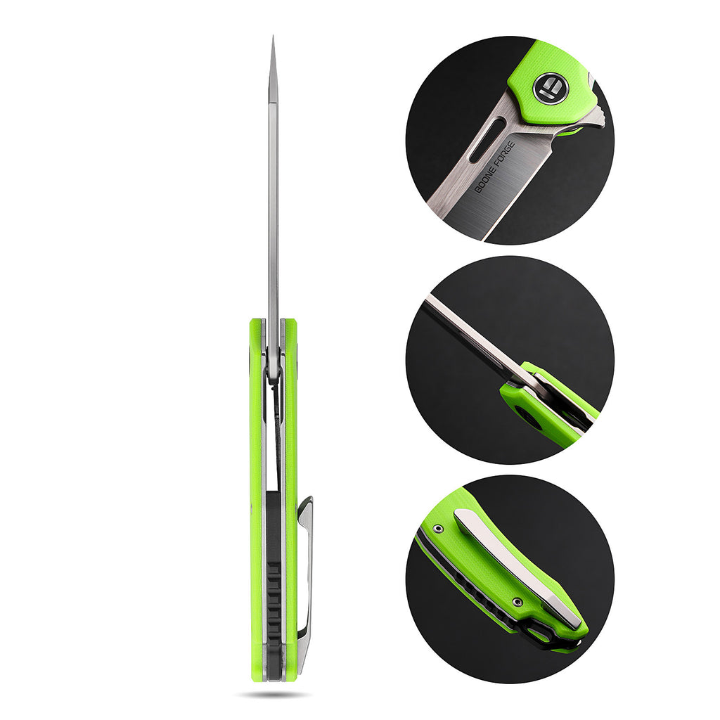 BOONEFORGE Sentinel Premium EDC Flipper & Thumb hole knife ( 3.34'' Satin 14C28N Blade & Fluorescent green G10 Handle ) - BF904