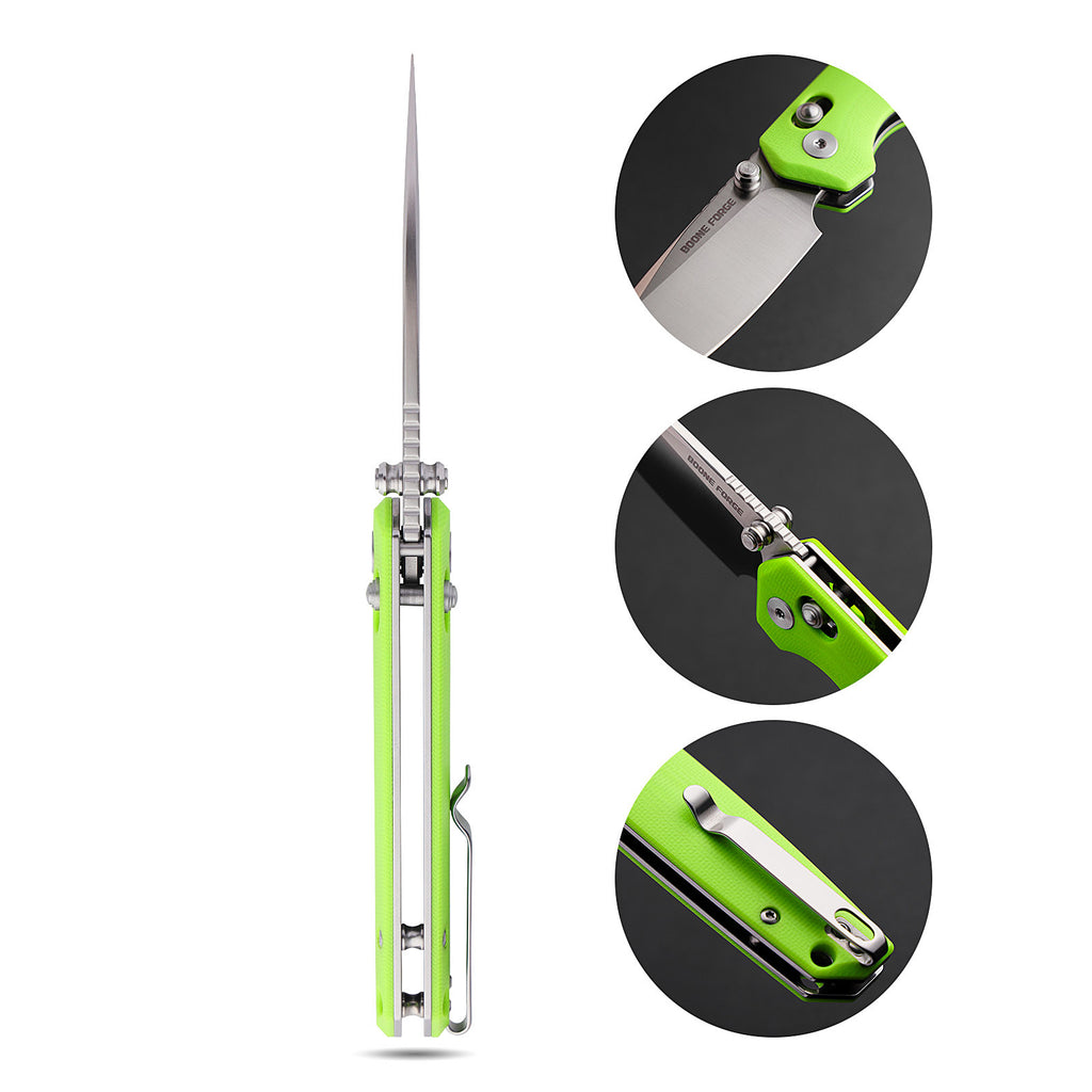 BOONEFORGE Darkedge Premium EDC Crossbar knife ( 3.05'' Satin 14C28N Blade & Fluorescent green G10 Handle ) - BF900