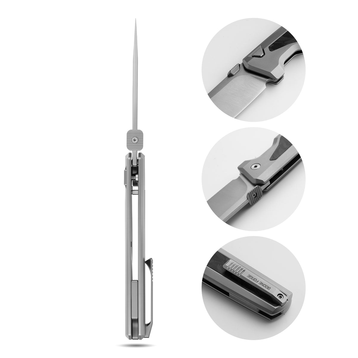 [PRE‑ORDER]BOONEFORGE Mountainfang Premium EDC Button lock & Thumb stud knife  ( 3.31" Bead Blasted BÖHLER M390 Blade & Grey TC4 Titanium/Carbon Fiber Handle) - BF004