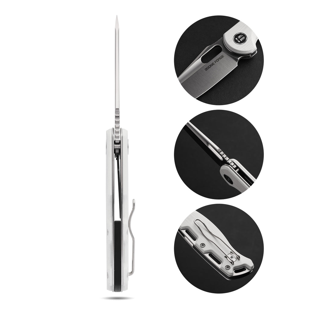 BOONEFORGE Warmark Premium EDC Manual thumb knife ( 3.33'' Satin 14C28N Blade & White G10 Handle) - BF009