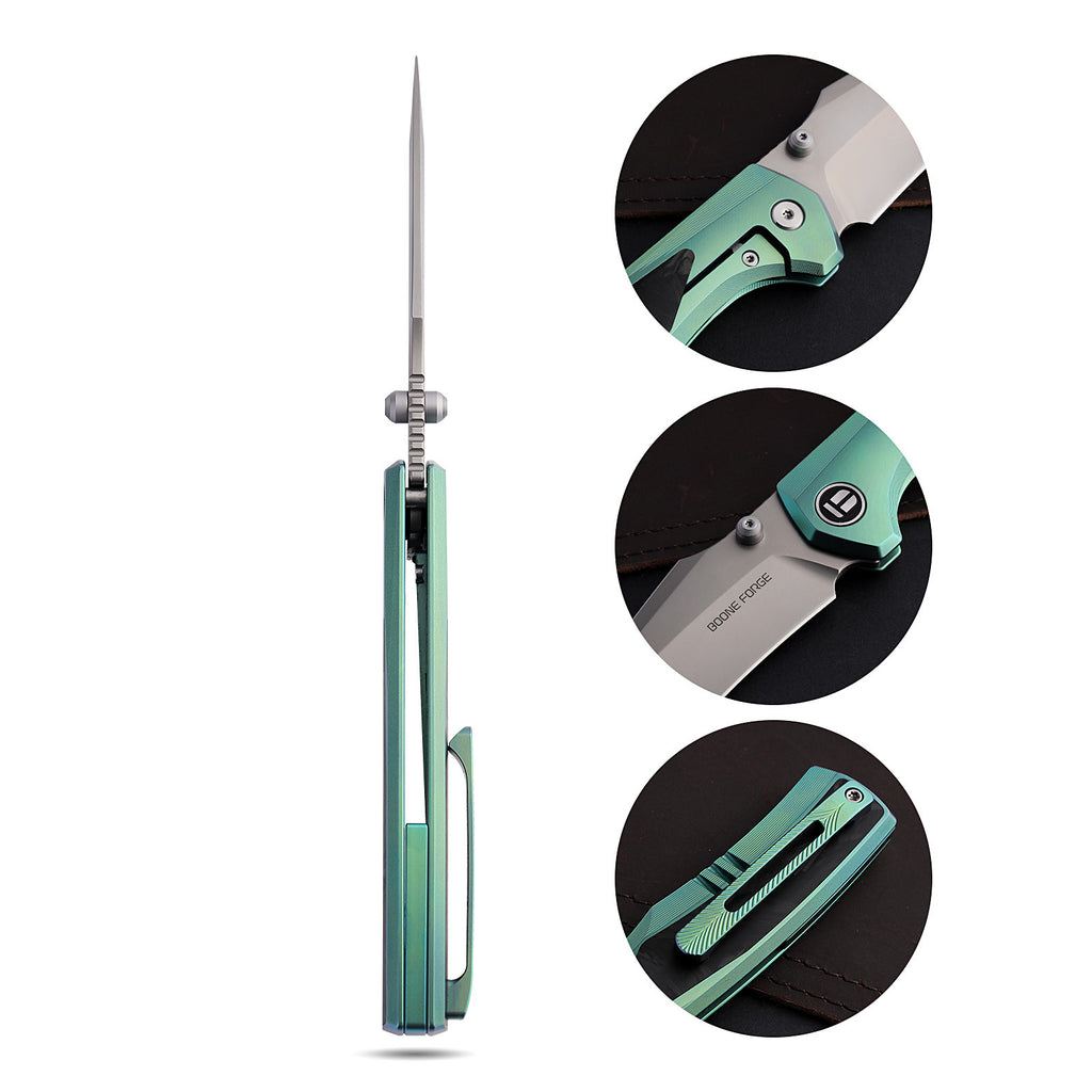 [PRE‑ORDER]BOONEFORGE Bloodfang Premium EDC Thumb stud knife ( 3.41" Bead Blasted M390 Blade & Mint green TC4 Titanium/Carbon Fiber Handle) - BF007