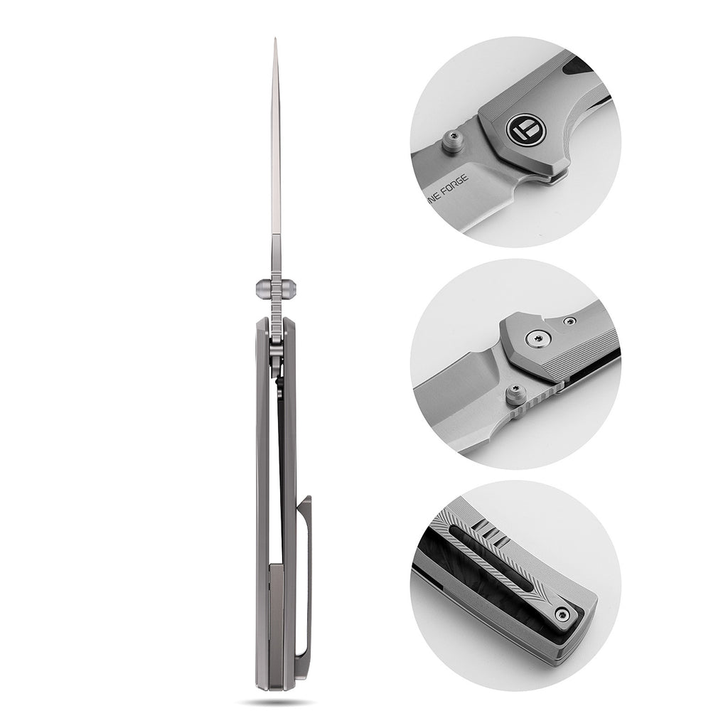 [PRE‑ORDER]BOONEFORGE Bloodfang Premium EDC Thumb stud knife ( 3.41" Bead Blasted M390 Blade & Grey TC4 Titanium/Carbon Fiber Handle) - BF007