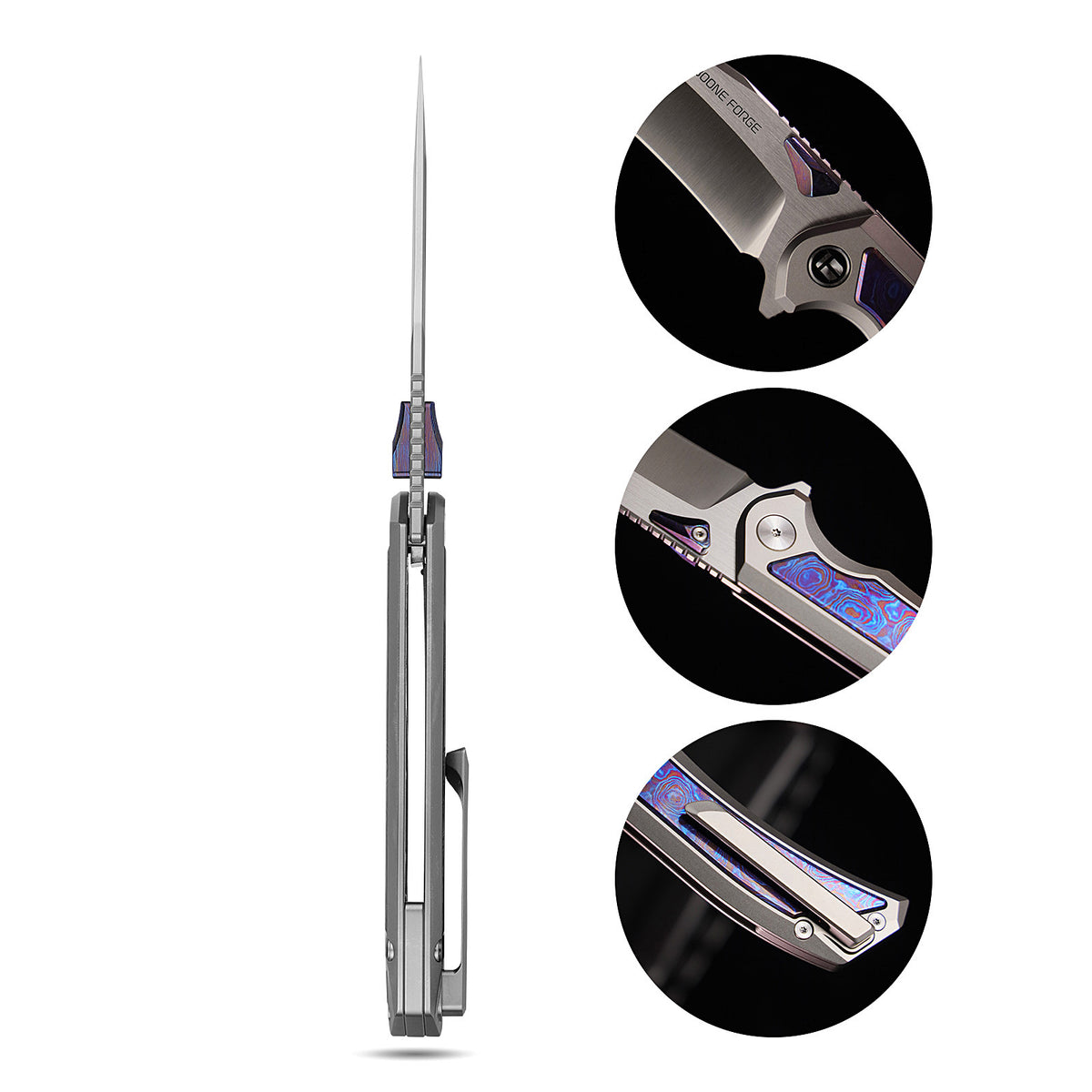 [PRE‑ORDER]BOONEFORGE Odin’s Eye Premium EDC Fliper & Thumb Stud knife ( 3.82'' Satin M390 Blade & Grey TC4 Titanium/Timascus Handle ) - BF053