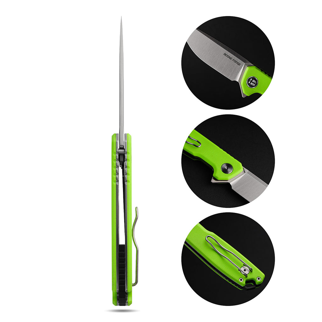BOONEFORGE Steelwrath Premium EDC Flipper knife ( 3.23'' Satin 14C28N Blade & Fluorescent green G10 Handle) - BF010