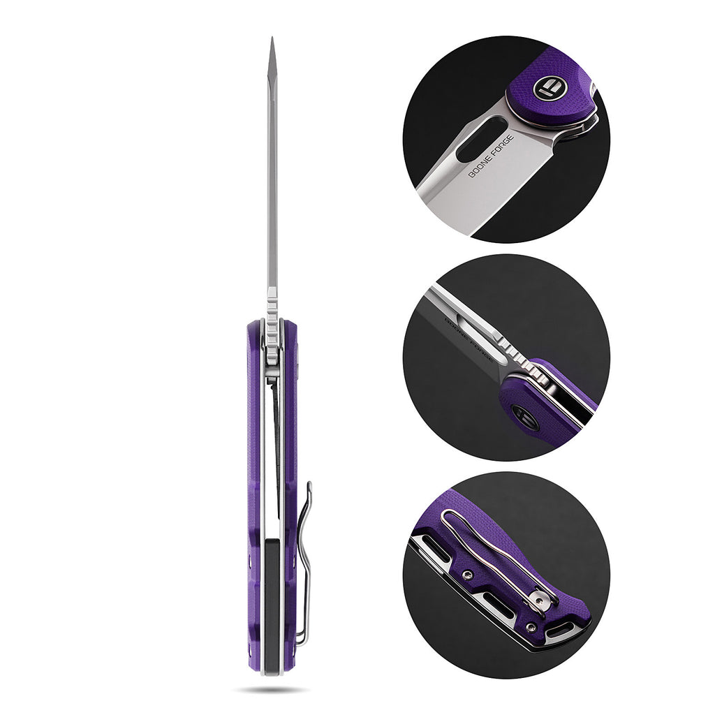 BOONEFORGE Warmark Premium EDC Manual thumb knife ( 3.33'' Bead Blasted 14C28N Blade & Purple G10 Handle) - BF009