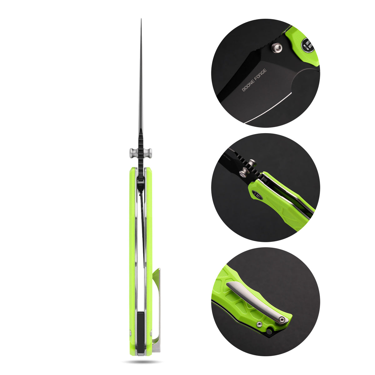 BOONEFORGE Ironstrider Premium EDC Fliper & Thumb Stud knife(3.81'' Black Titanium Plated 14C28N Blade & Fluorescent green G10 Handle ) - BF013A