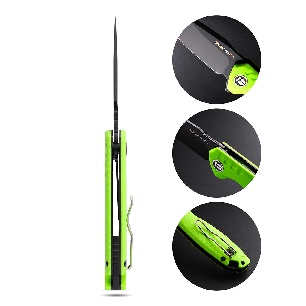 BOONEFORGE Nightvein Premium EDC Flipper knife (3.39'' Black Titanium Plated 14C28N Blade & Fluorescent green G10 Handle) - BF011