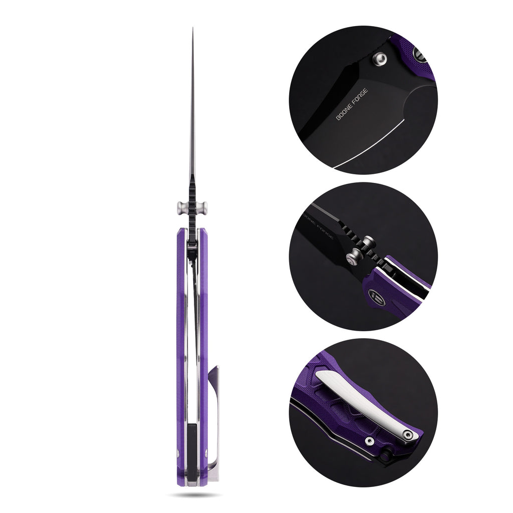 BOONEFORGE Ironstrider Premium EDC Fliper & Thumb Stud knife(3.81'' Black Titanium Plated 14C28N Blade & Purple G10 Handle ) - BF013A