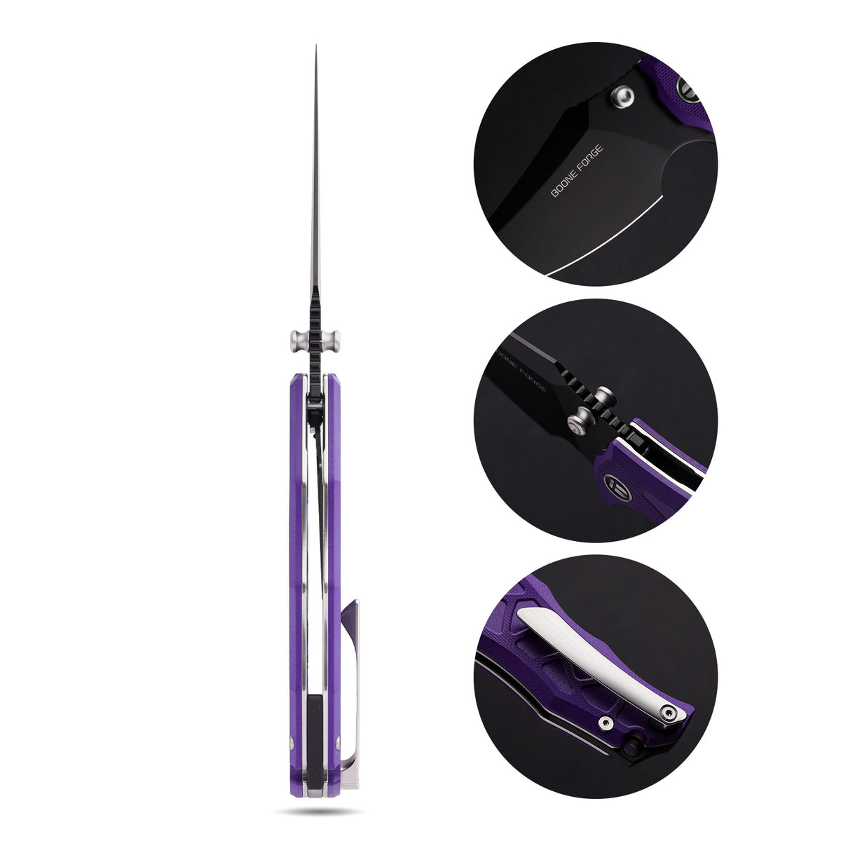 BOONEFORGE Ironstrider Premium EDC Fliper & Thumb Stud knife(3.81'' Black Titanium Plated 14C28N Blade & Purple G10 Handle ) - BF013A