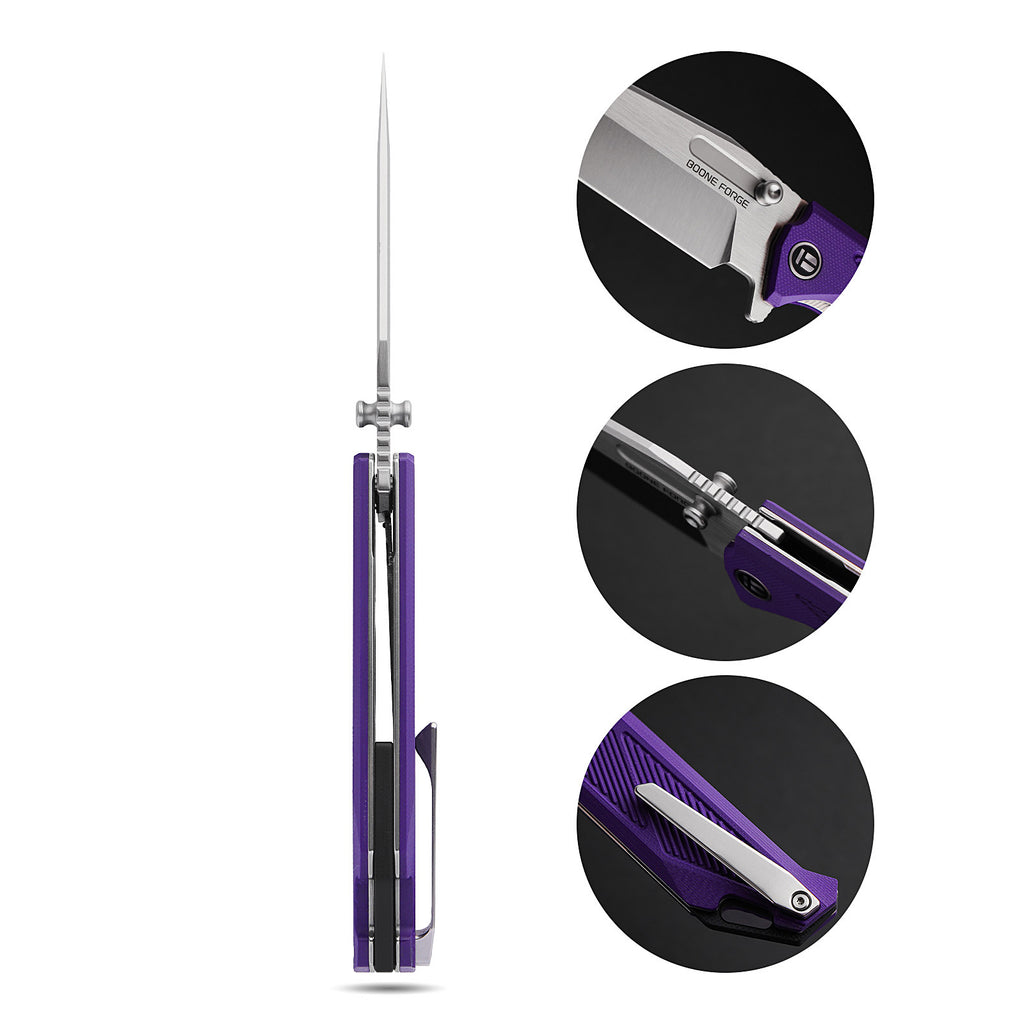 BOONEFORGE Blackshield Premium EDC Fliper & Thumb Stud knife ( 3.94'' Satin 14C28N Blade & Purple G10 Handle ) - BF014A