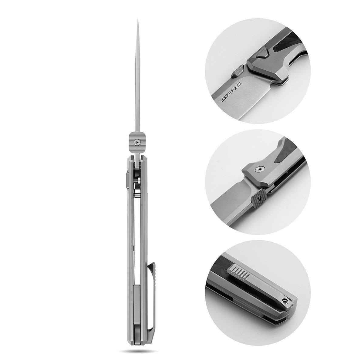[PRE‑ORDER]BOONEFORGE Mountainfang Premium EDC Button lock & Thumb stud knife  ( 3.31" Bead Blasted M390 Blade & Grey TC4 Titanium/Carbon Fiber Handle) - BF004