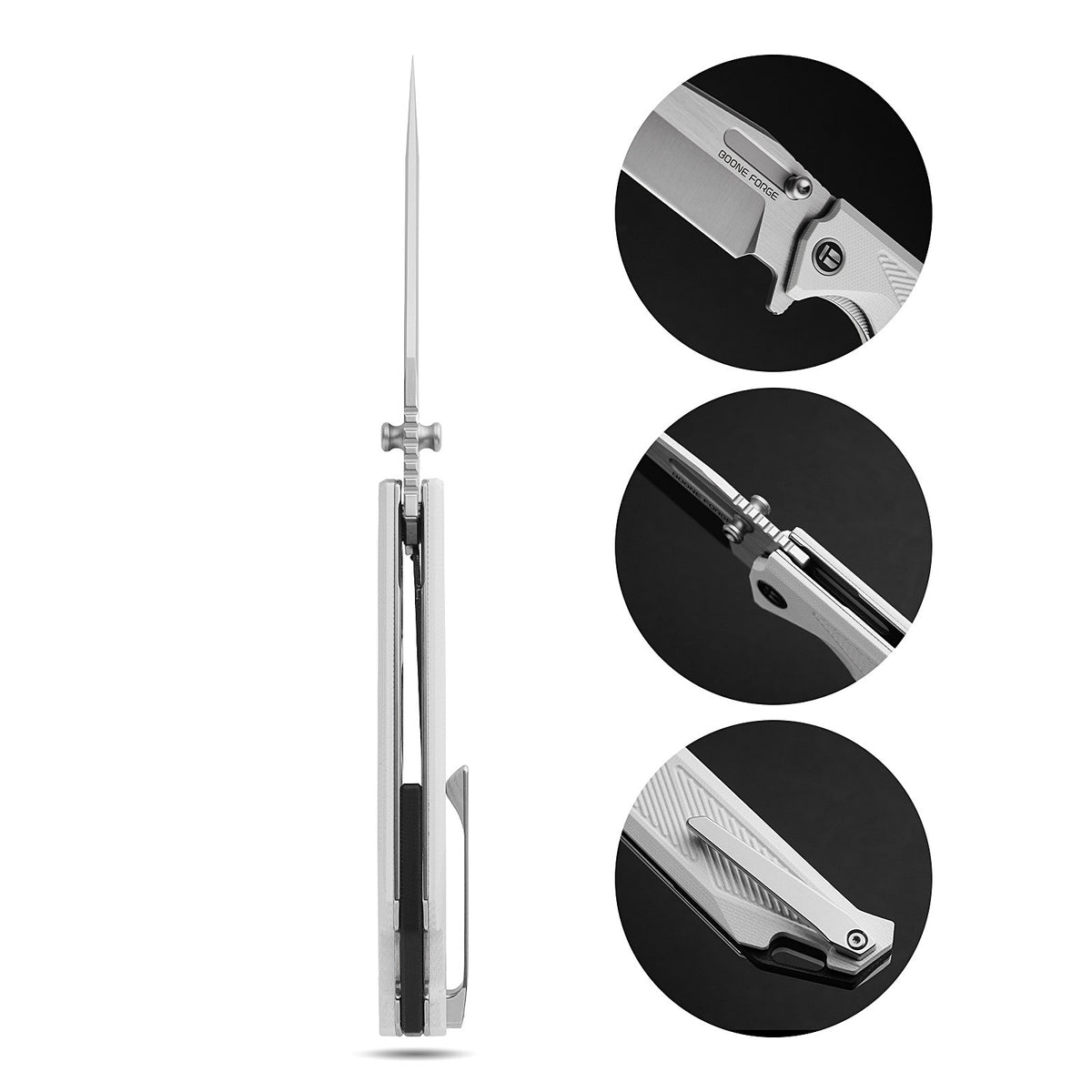 BOONEFORGE Blackshield Premium EDCFliper & Thumb Stud knife ( 3.94'' Satin 14C28N Blade & White G10 Handle ) - BF014A