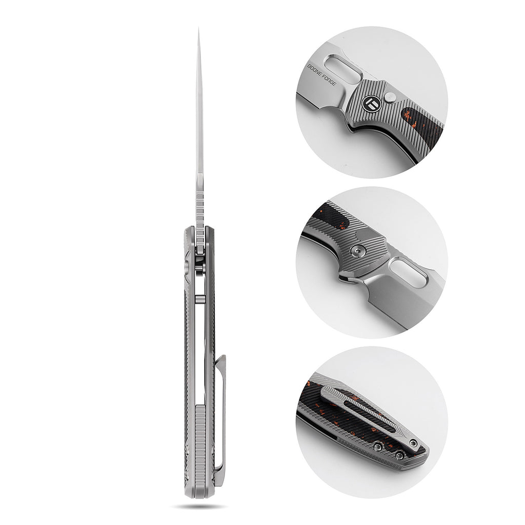 [PRE‑ORDER]BOONEFORGE Huntscar Premium EDC Button lock & Thumb hole knife ( 3.38'' Bead Blasted M390  Blade & Grey TC4 Titanium/Carbon Fiber Handle) - BF008