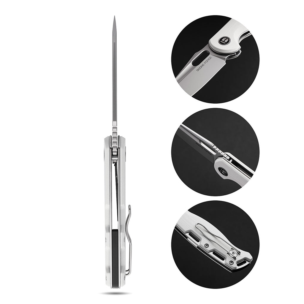 BOONEFORGE Warmark Premium EDC Manual thumb knife ( 3.33'' Bead Blasted 14C28N Blade & White G10 Handle) - BF009