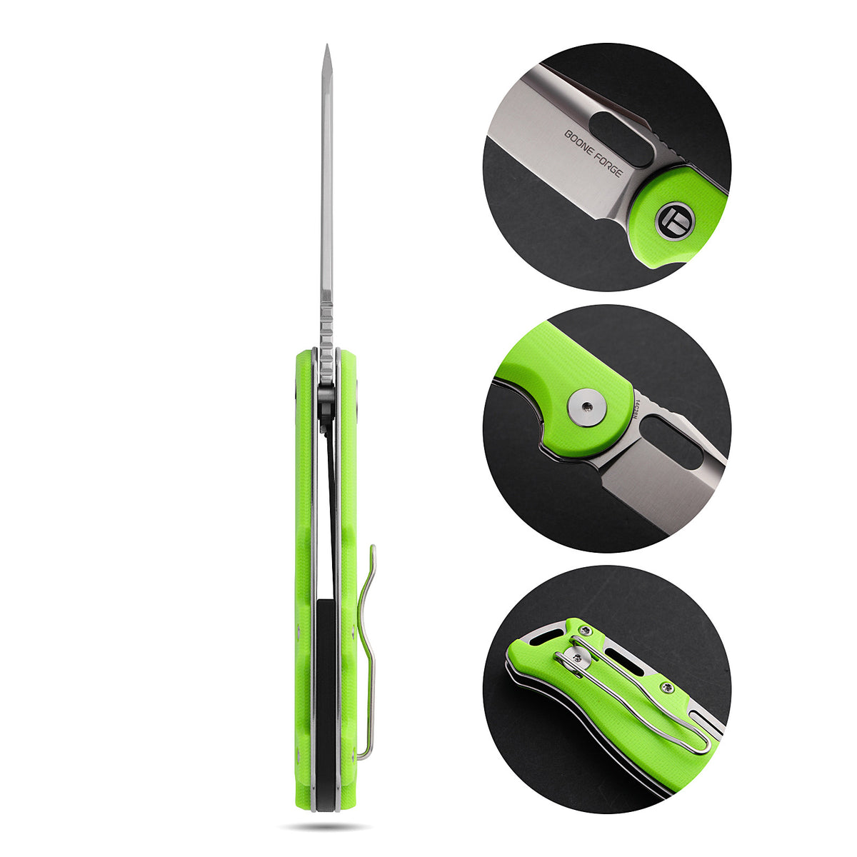 BOONEFORGE Warmark Premium EDC Manual thumb knife ( 3.33'' Satin 14C28N Blade & Fluorescent green G10 Handle) - BF009