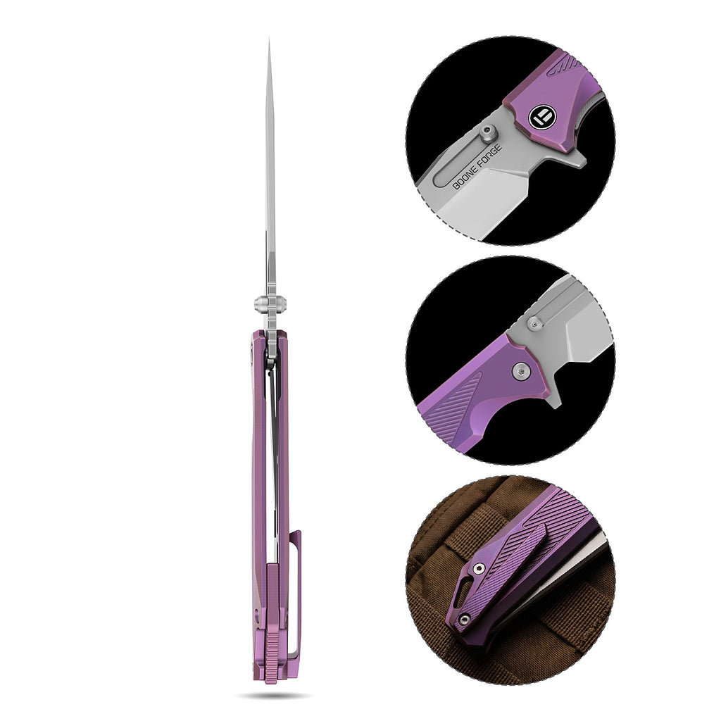 [PRE‑ORDER]BOONEFORGE Razorclaw Premium EDC Fliper & Thumb Stud knife(4.14'' Bead Blasted M390 Blade & Purple TC4 Titanium ) - BF014