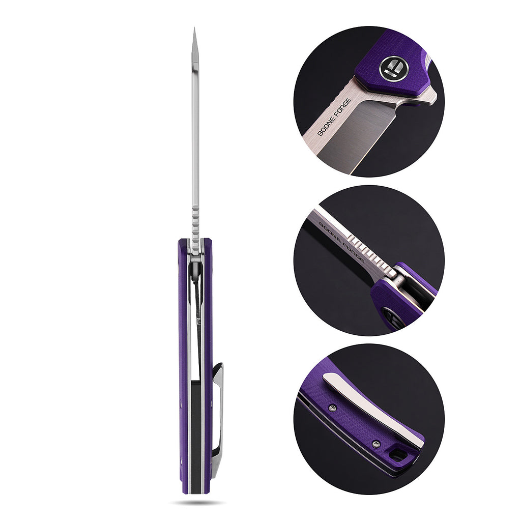 BOONEFORGE Breaker Premium EDC Flipper knife ( 3.34'' Satin 14C28N Blade & Purple G10 Handle ) - BF903