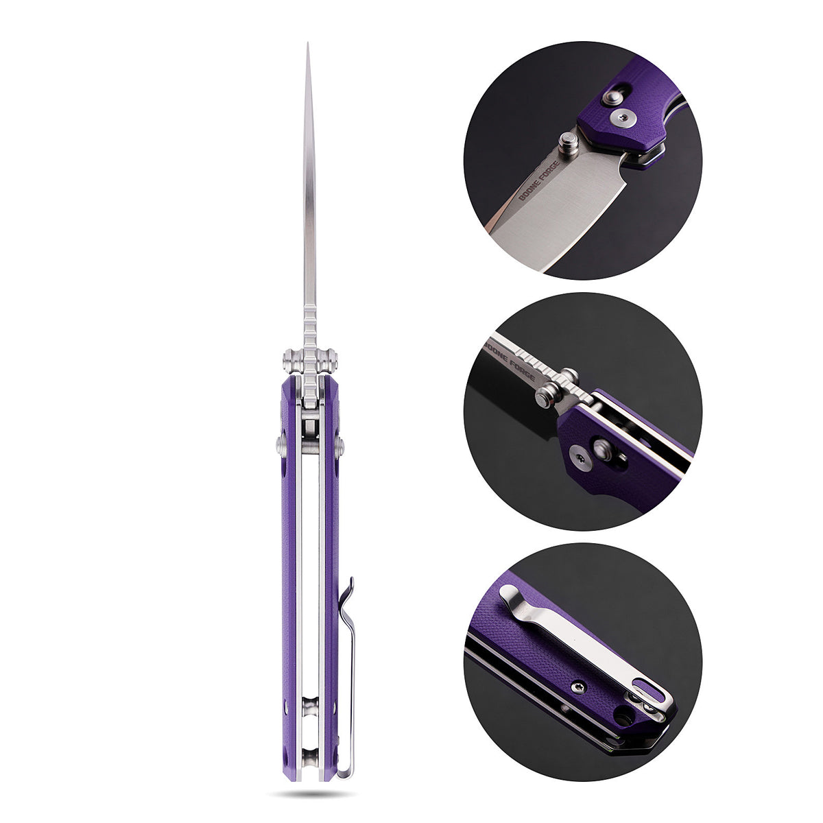 BOONEFORGE Darkedge Premium EDC Crossbar knife ( 3.05'' Satin 14C28N Blade & Purple G10 Handle ) - BF900
