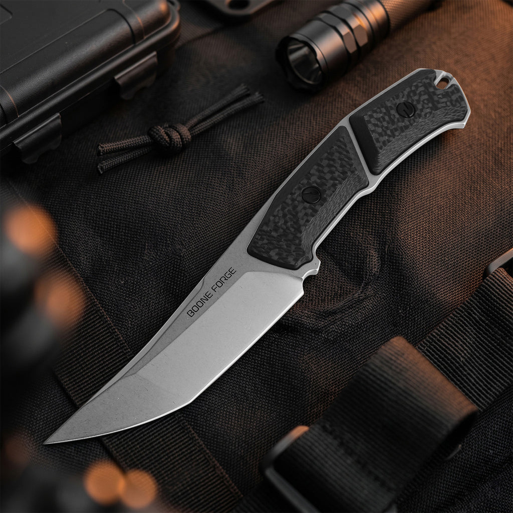 BOONEFORGE Edge Premium EDC Fixed blade knife ( 4.02'' Bead Blasted Stonewash 14C28N Blade & Black Carbon Fiber Handle ) - FD050