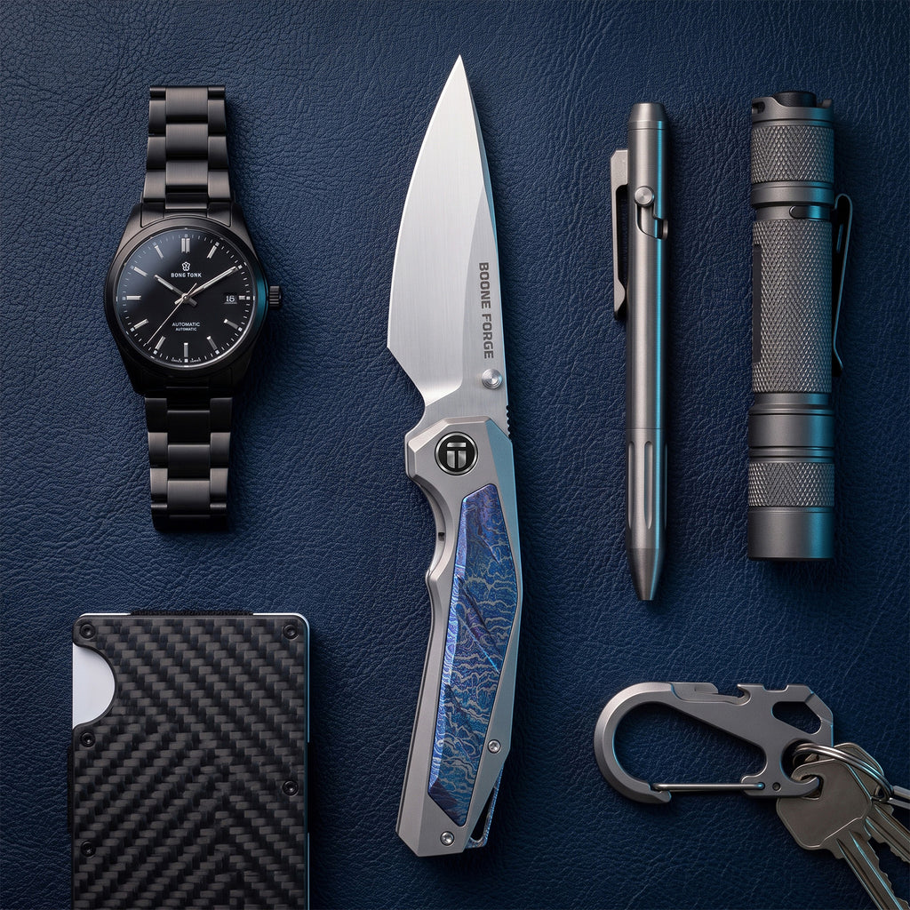 [PRE‑ORDER]BOONEFORGE Wraith Premium EDC Thumb stud knife( 3.93'' Brushed Satin M390 Blade & Grey TC4 Titanium Handle ) - BF062