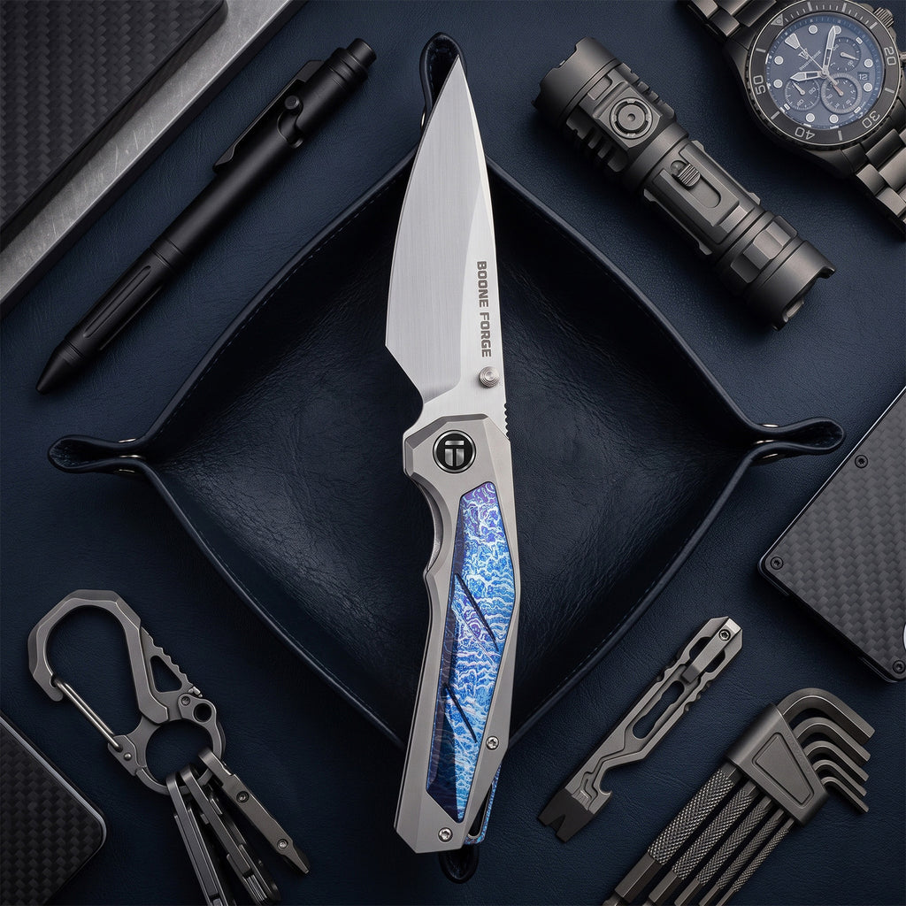 [PRE‑ORDER]BOONEFORGE Wraith Premium EDC Thumb stud knife( 3.93'' Brushed Satin M390 Blade & Grey TC4 Titanium Handle ) - BF062