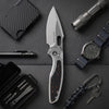[PRE‑ORDER]BOONEFORGE Huntscar Premium EDC Button lock & Thumb hole knife ( 3.38'' Bead Blasted M390  Blade & Grey TC4 Titanium/Carbon Fiber Handle) - BF008