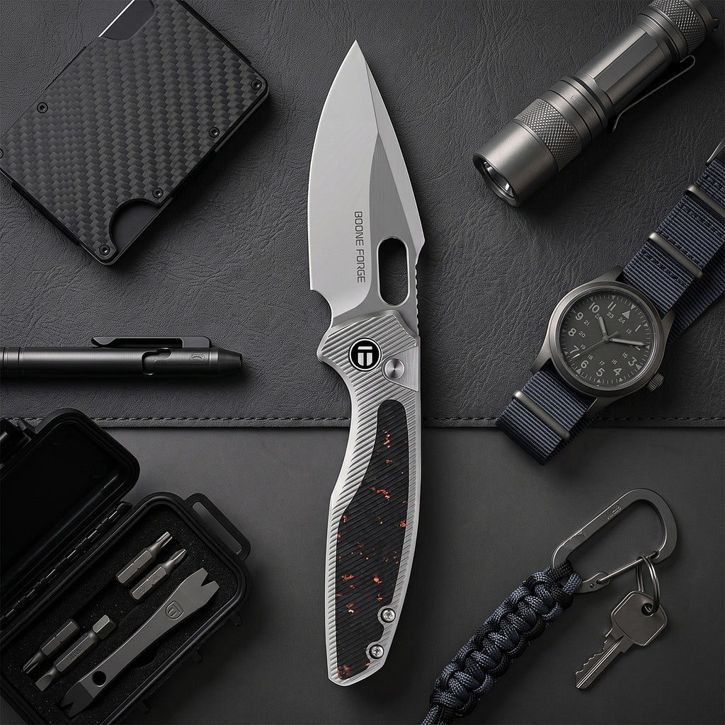 [PRE‑ORDER]BOONEFORGE Huntscar Premium EDC Button lock & Thumb hole knife ( 3.38'' Bead Blasted M390  Blade & Grey TC4 Titanium/Carbon Fiber Handle) - BF008