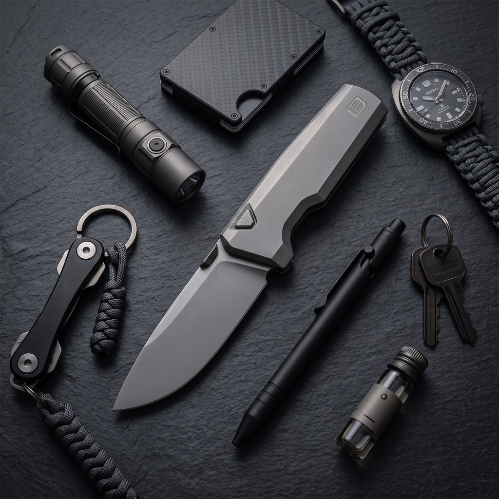 BOONEFORGE Forestwrath Premium EDC Button lock & Thumb stud knife ( 3.31" Bead Blasted BÖHLER M390 Blade & Grey TC4 Titanium Handle) - BF006