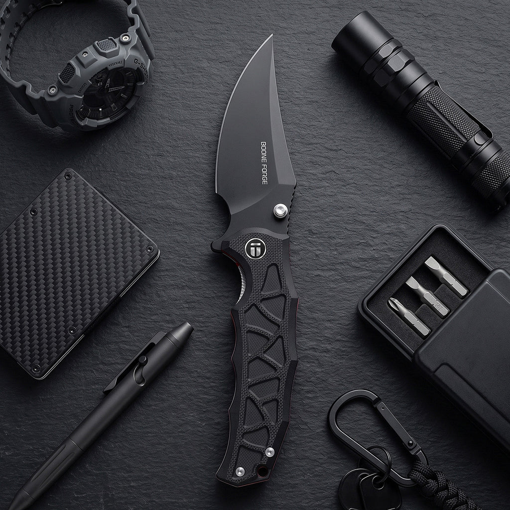 BOONEFORGE Ironstrider Premium EDC Fliper & Thumb Stud knife(3.81'' Black Titanium Plated 14C28N Blade & Black G10 Handle ) - BF013A