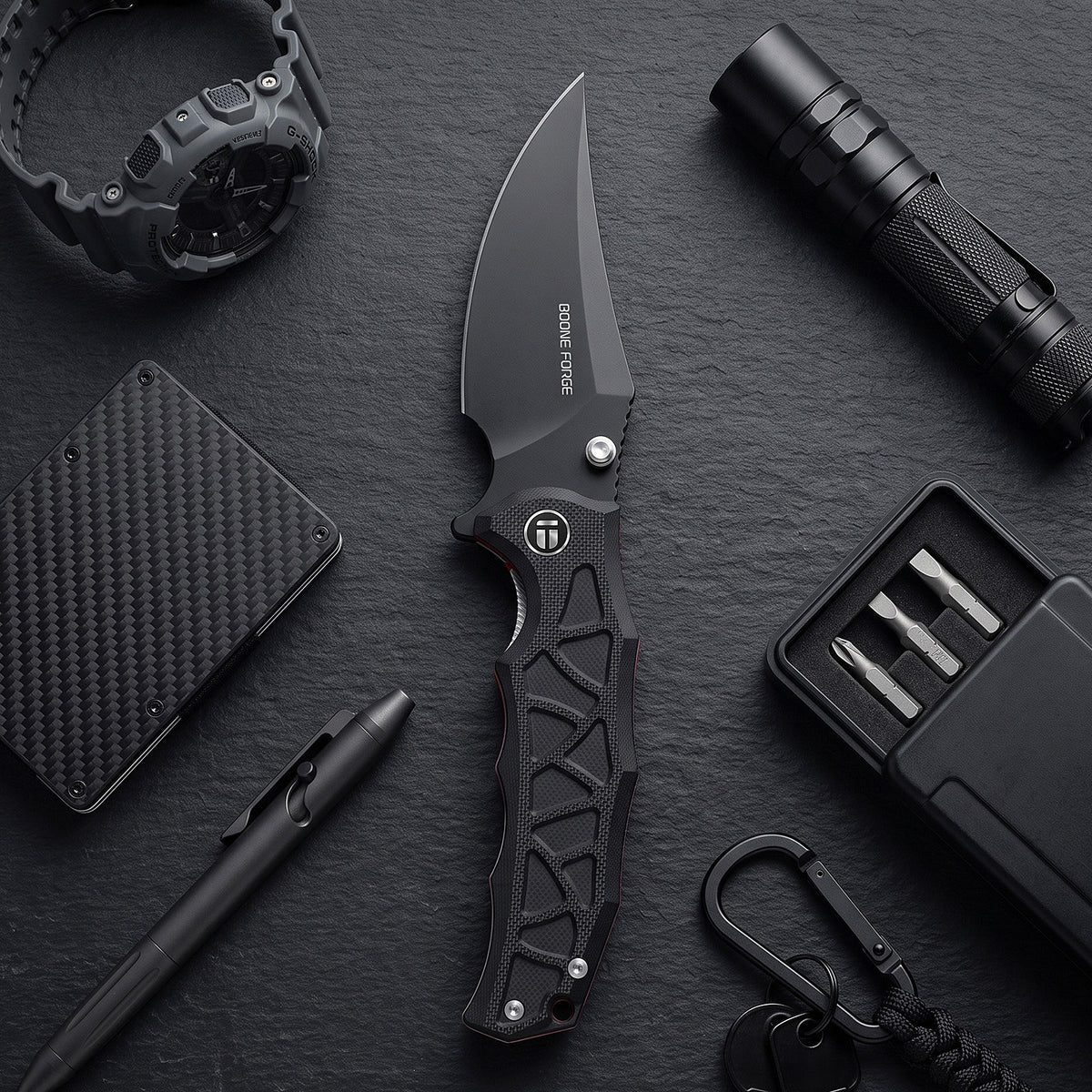 BOONEFORGE Ironstrider Premium EDC Fliper & Thumb Stud knife(3.81'' Black Titanium Plated 14C28N Blade & Black G10 Handle ) - BF013A