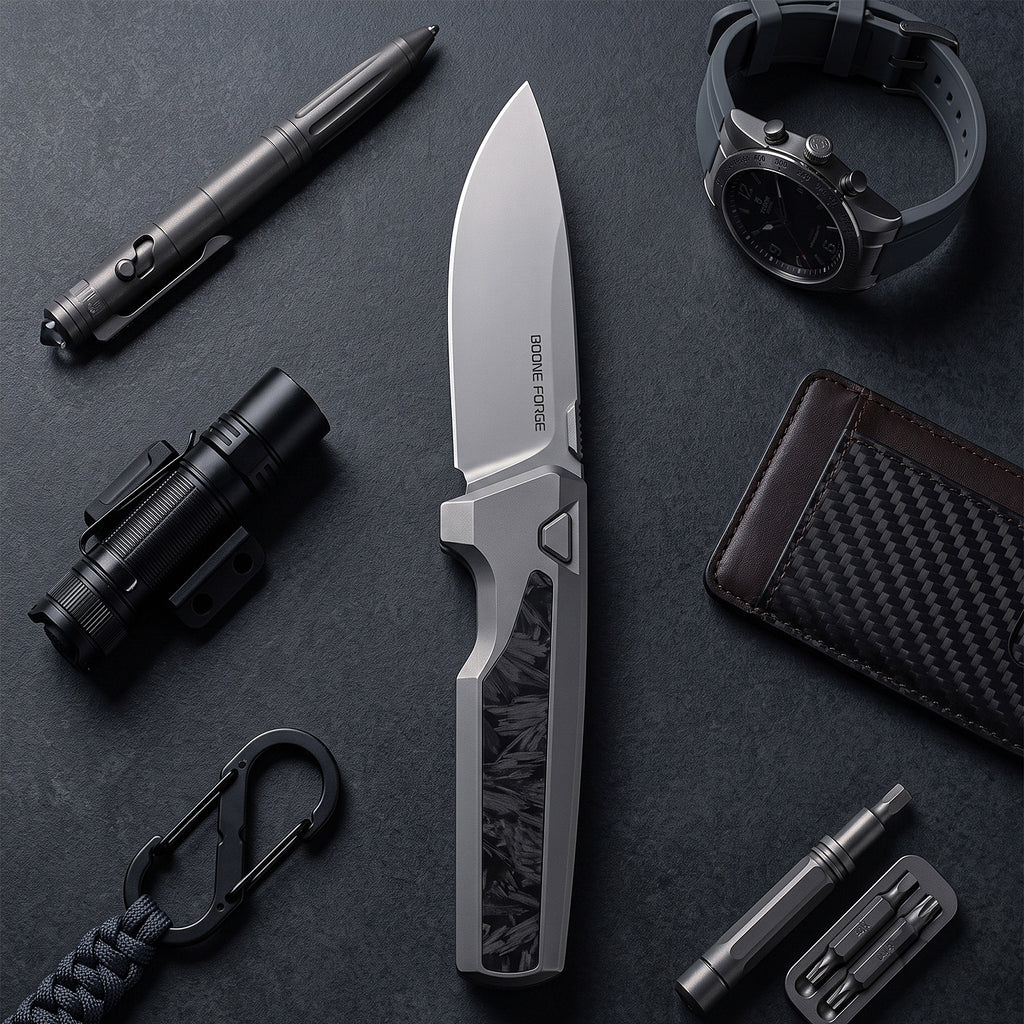 [PRE‑ORDER]BOONEFORGE Mountainfang Premium EDC Button lock & Thumb stud knife  ( 3.31" Bead Blasted M390 Blade & Grey TC4 Titanium/Carbon Fiber Handle) - BF004
