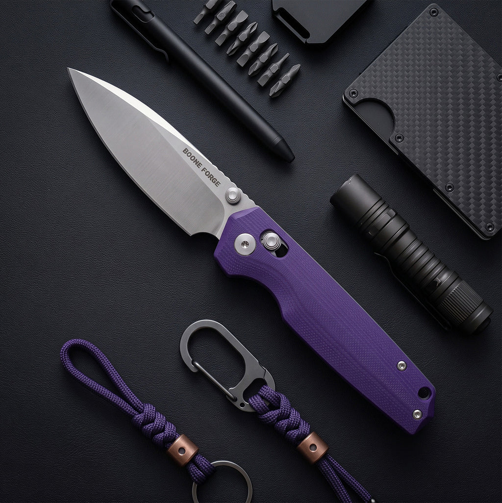 BOONEFORGE Darkedge Premium EDC Crossbar knife ( 3.05'' Satin 14C28N Blade & Purple G10 Handle ) - BF900