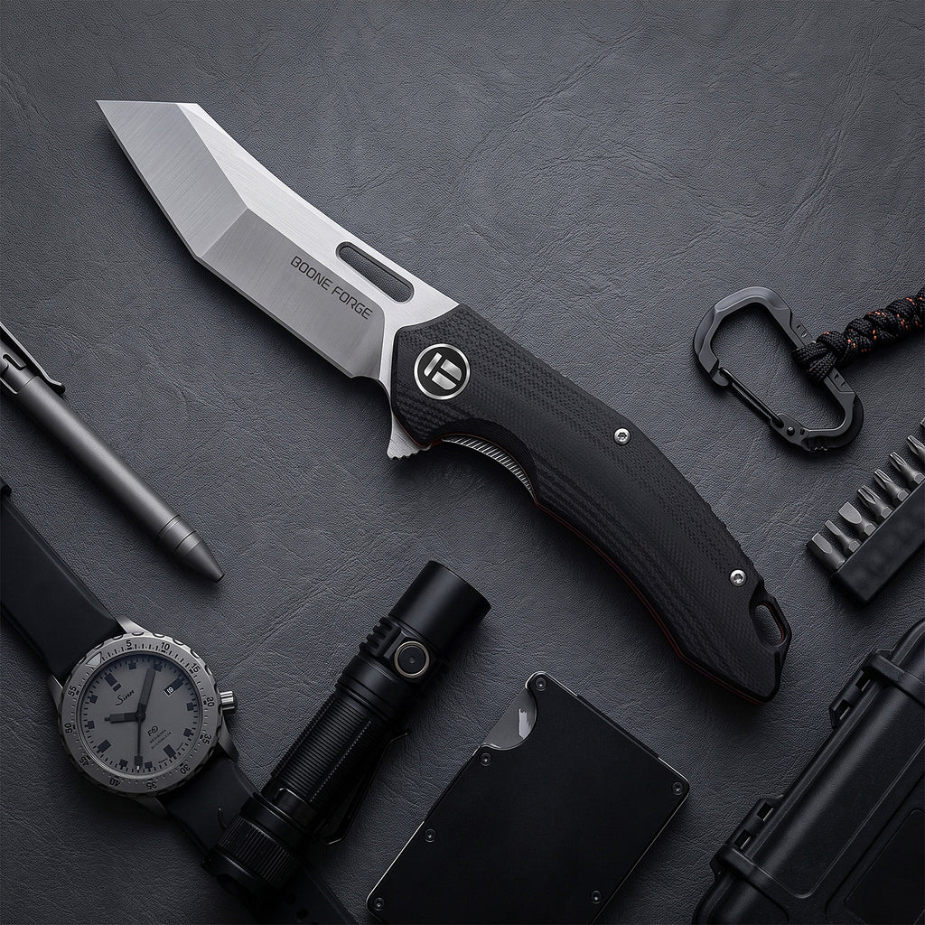 BOONEFORGE Sentinel Premium EDC Flipper & Thumb hole knife ( 3.34'' Satin 14C28N Blade & Black G10 Handle ) - BF904