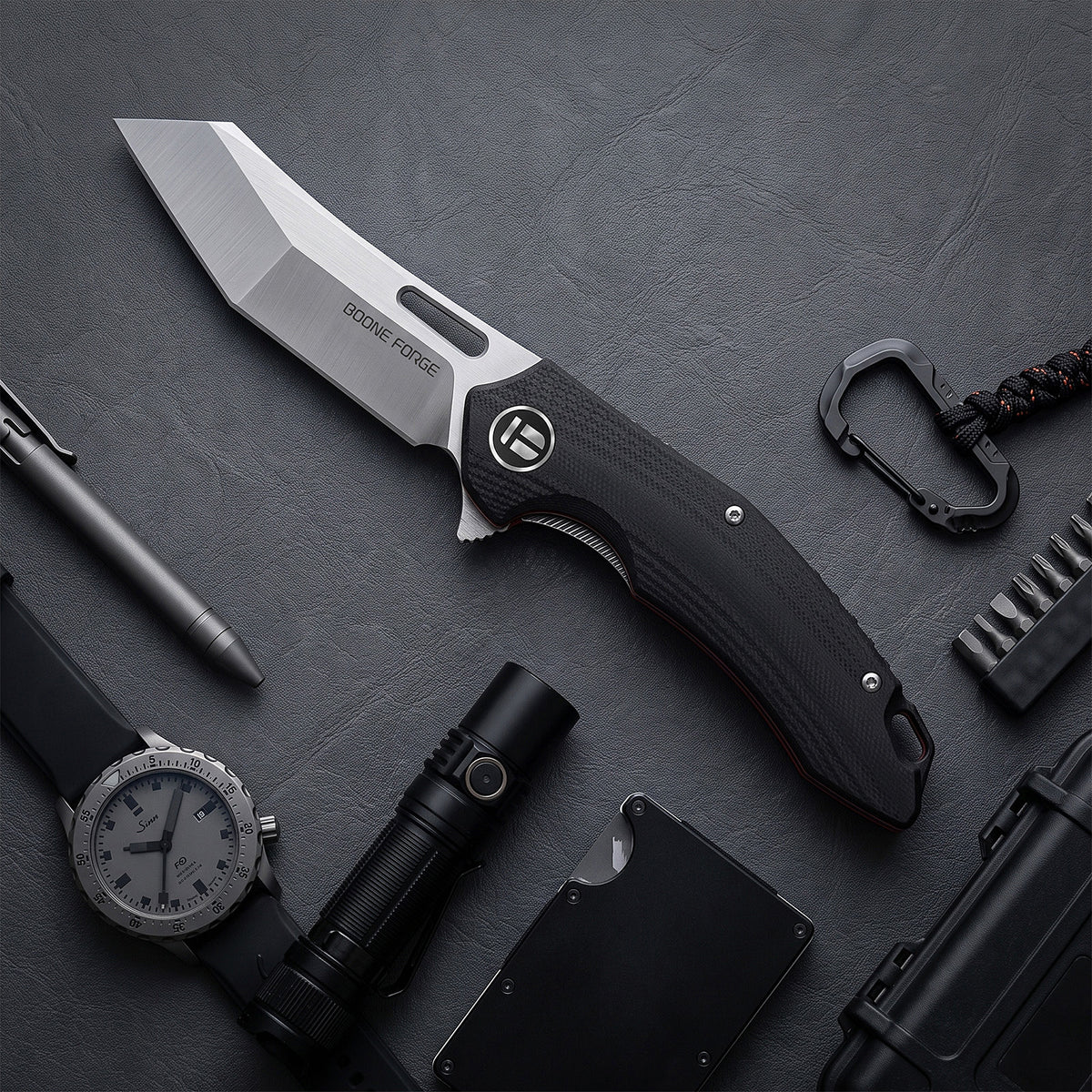 BOONEFORGE Sentinel Premium EDC Flipper & Thumb hole knife ( 3.34'' Satin 14C28N Blade & Black G10 Handle ) - BF904