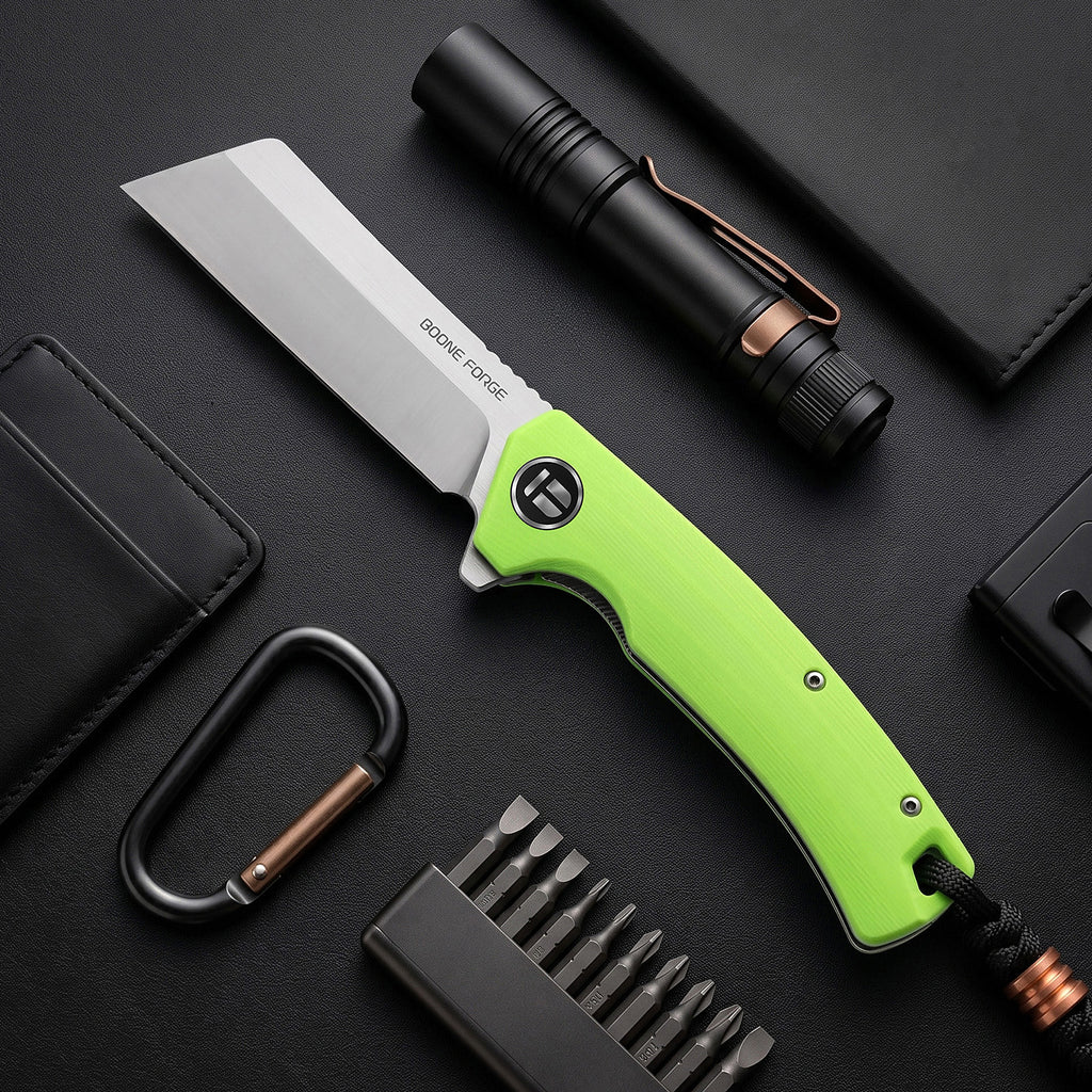 BOONEFORGE Breaker Premium EDC Flipper knife ( 3.34'' Satin 14C28N Blade & Fluorescent green G10 Handle ) - BF903