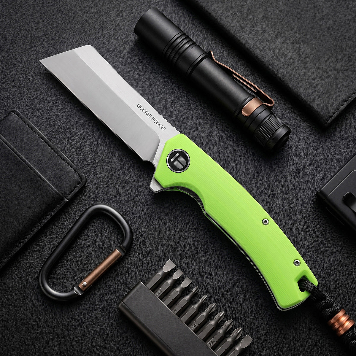 BOONEFORGE Breaker Premium EDC Flipper knife ( 3.34'' Satin 14C28N Blade & Fluorescent green G10 Handle ) - BF903