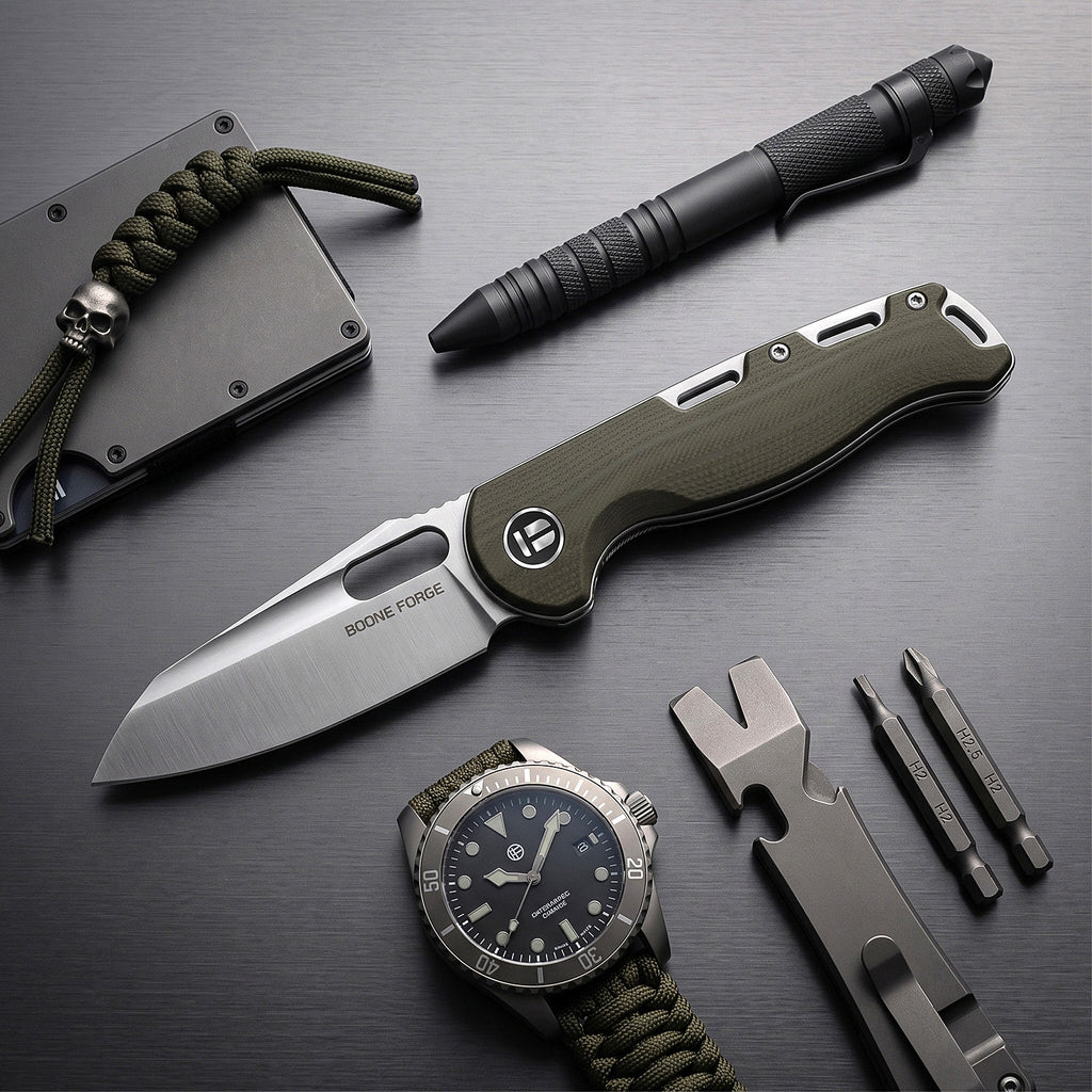 BOONEFORGE Warmark Premium EDC Manual thumb knife ( 3.33'' Satin 14C28N Blade & Army green G10 Handle) - BF009