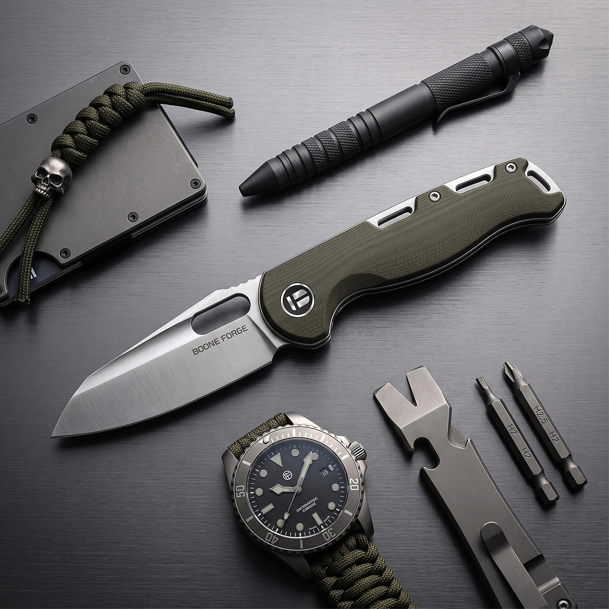 BOONEFORGE Warmark Premium EDC Manual thumb knife ( 3.33'' Satin 14C28N Blade & Army green G10 Handle) - BF009