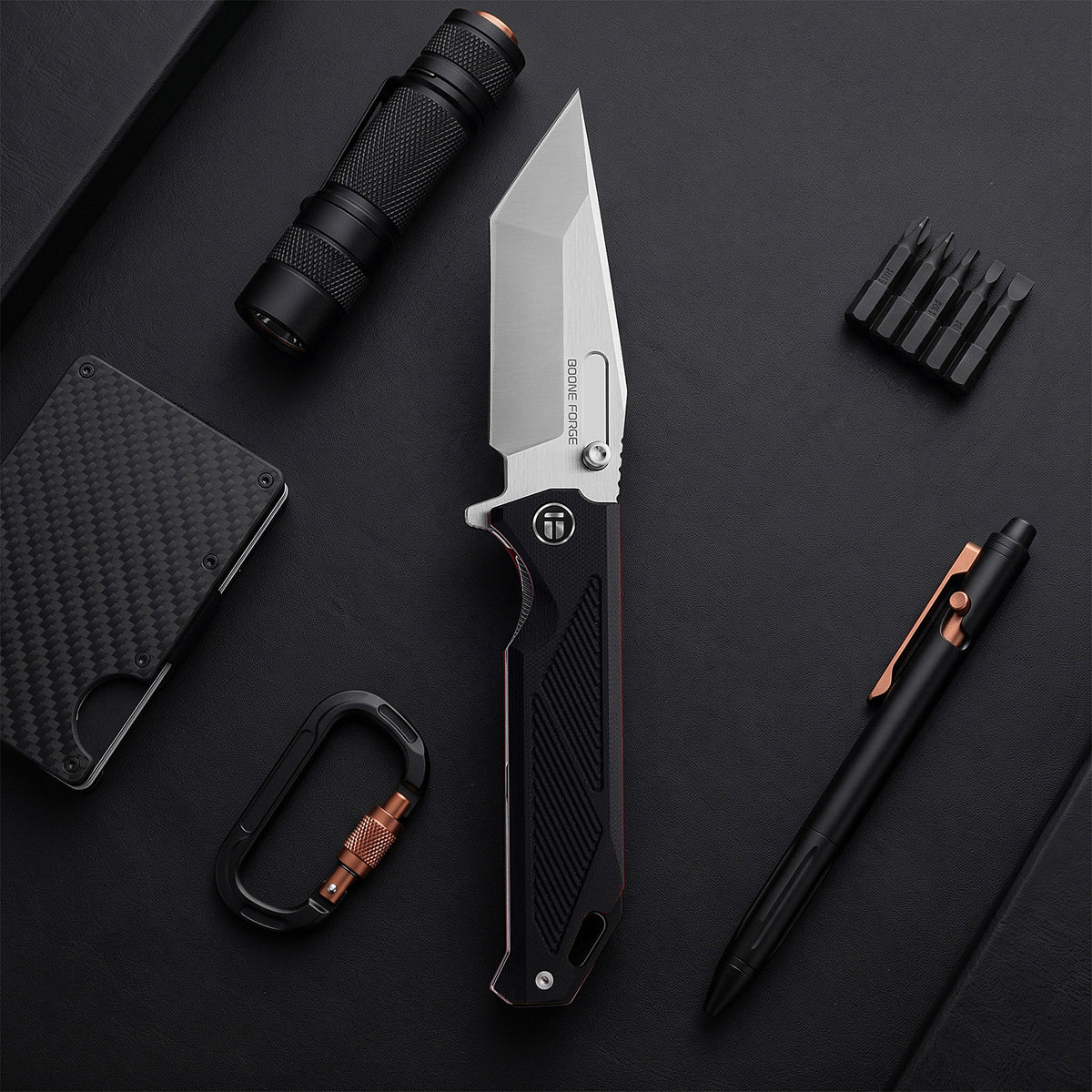 BOONEFORGE Blackshield Premium EDC Fliper & Thumb Stud knife ( 3.94'' Satin 14C28N Blade & Black G10 Handle ) - BF014A